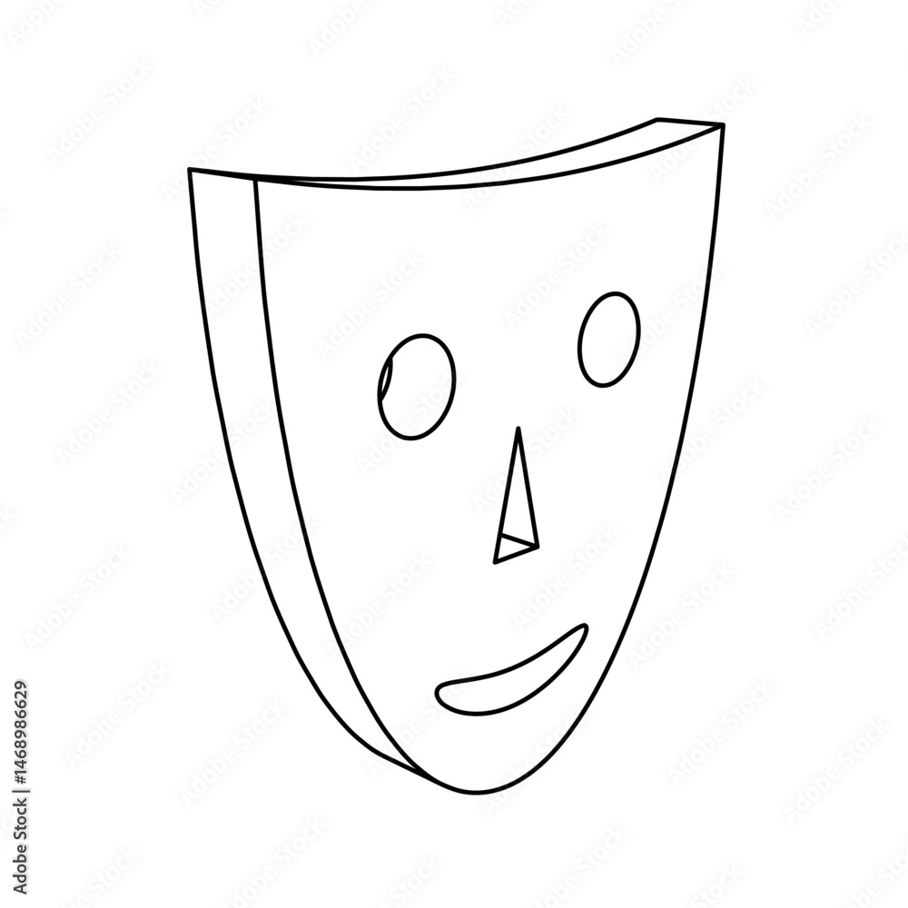 Poster the outline of a large theatrical mask is made with black lines. 3d view of the object in perspectiv