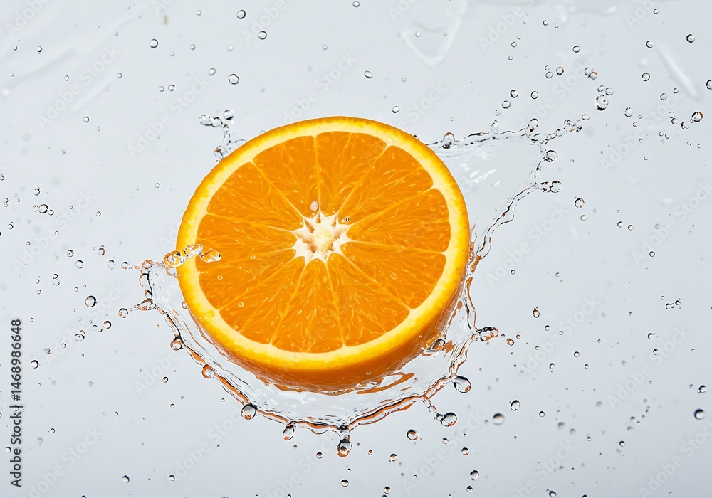 Poster half orange slice splashing in clear water creates a refreshing scene