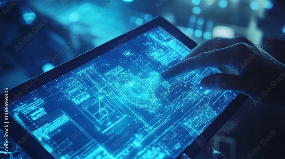 Poster hand interacts with a futuristic user interface on a digital tablet