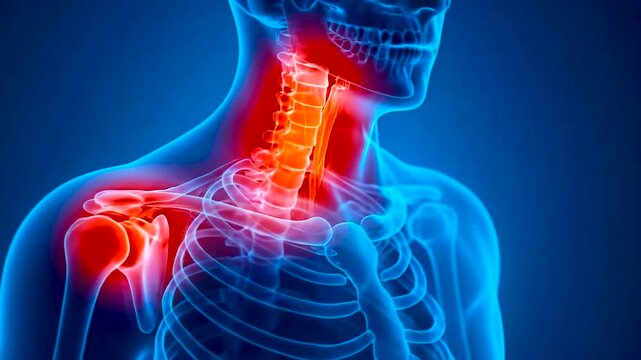 3D rendering of the human neck and shoulder anatomy in an X-ray examination for pain diagnosis within the concept of medical healthcare. - Powered by Adobe