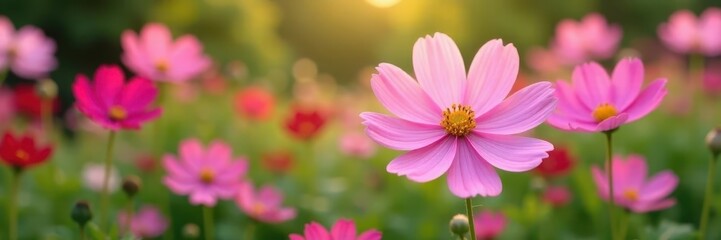 Fototapeta premium Delicate cosmos blossoms in vibrant garden setting, blossom, flower