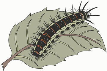 177 close-up macro shot, highly detailed insect caterpillar crawling on leaf, grey and brown colors, textured body segments, intricate patterns, sharp focus, realistic, nature photography