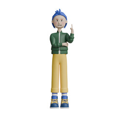3d render man character posing with one finger up gesture