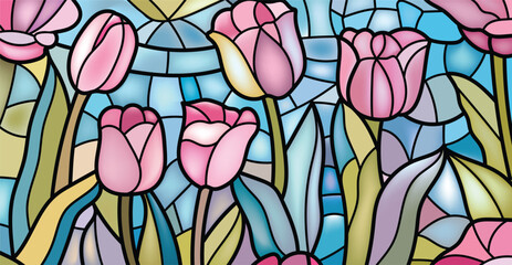 Stained glass floral design, black border pattern, suitable for background, wallpaper and print materials.