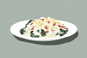 Delicious creamy pasta with vegetables on white plate.