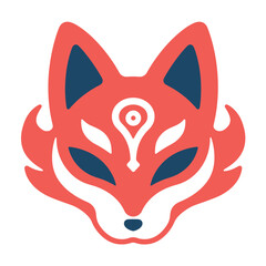 A stylized red and white fox mask with geometric patterns.