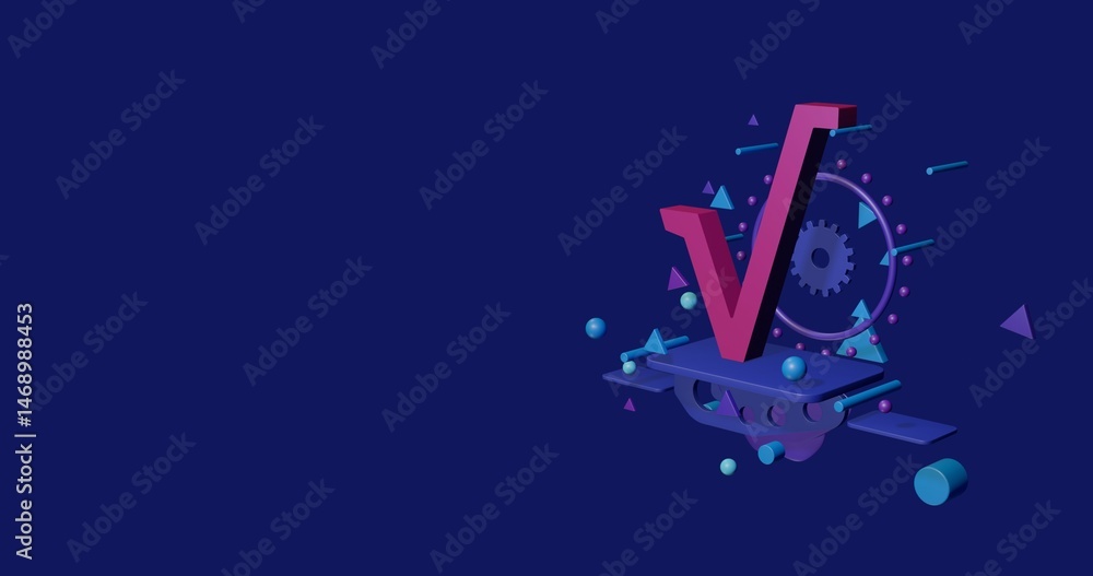 Poster pink square root symbol on a pedestal of abstract geometric shapes floating in the air. abstract con