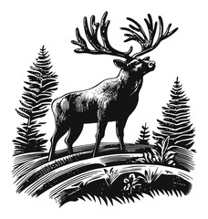 Majestic Stag with Antlers in Forest Landscape Vector Artwork