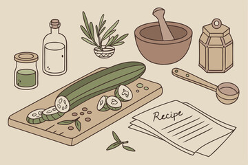 178 detailed botanical illustration of fresh zucchini, cucumber, and vegetables on a wooden chopping board, surrounded by kitchen utensils including a wooden mortar and pestle, copper pot, condiments 