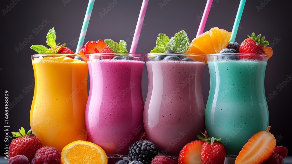 Poster four colorful smoothies with straws in them are displayed on a table with fruit. the smoothies are i