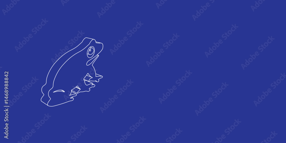Poster the outline of a large funny frog made of white lines on the left. 3d view of the object in perspect