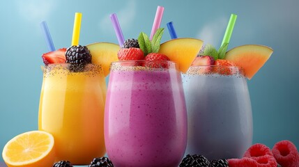 Three colorful drinks with straws in them, one of which is orange. The drinks are garnished with fruit and have a tropical vibe