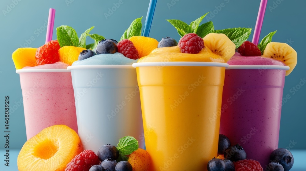Aufkleber row of colorful drinks with straws in them. the drinks are in cups and have fruit in them