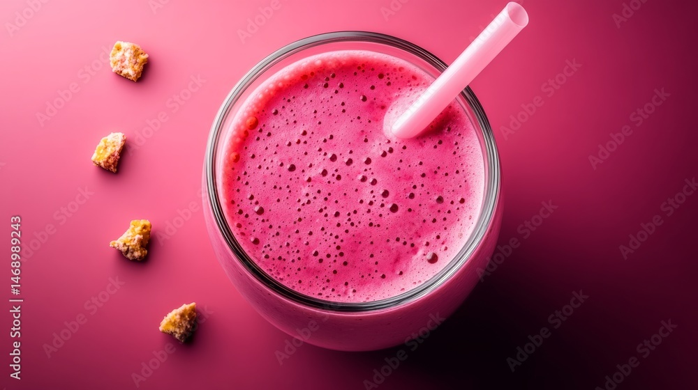Poster glass of pink juice with a straw in it. the juice is in a glass and there are some crumbs on the tab