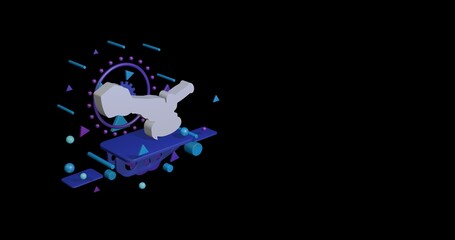 White cordless angle grinder symbol on a pedestal of abstract geometric shapes floating in the air. Abstract concept art with flying shapes on the left. 3d illustration on black background