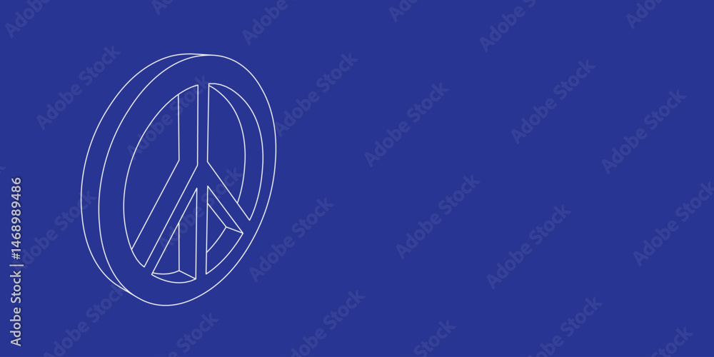 Poster the outline of a large peace symbol made of white lines on the left. 3d view of the object in perspe