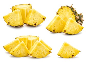 Pineapple chunks and slices arranged on a white surface, showcasing the fruit's texture