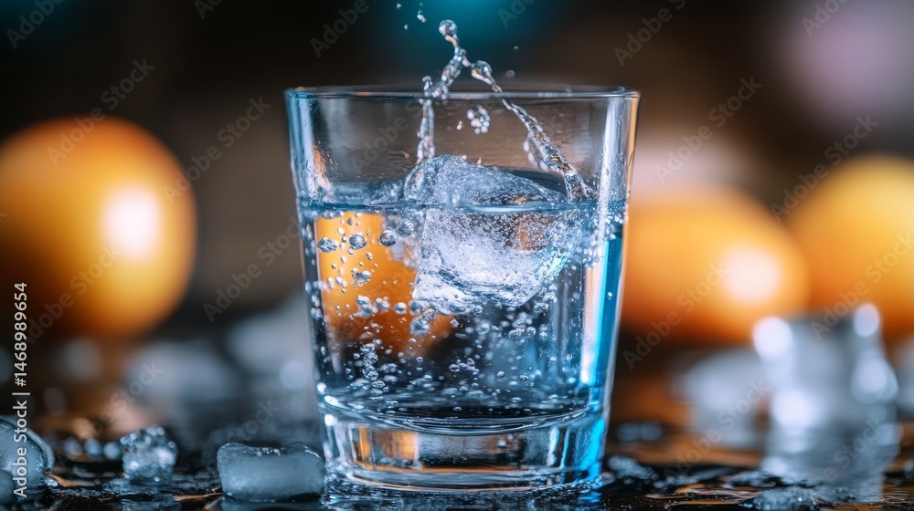 Aufkleber glass of water with ice cubes in it is being poured into a glass. the scene is set on a table with o