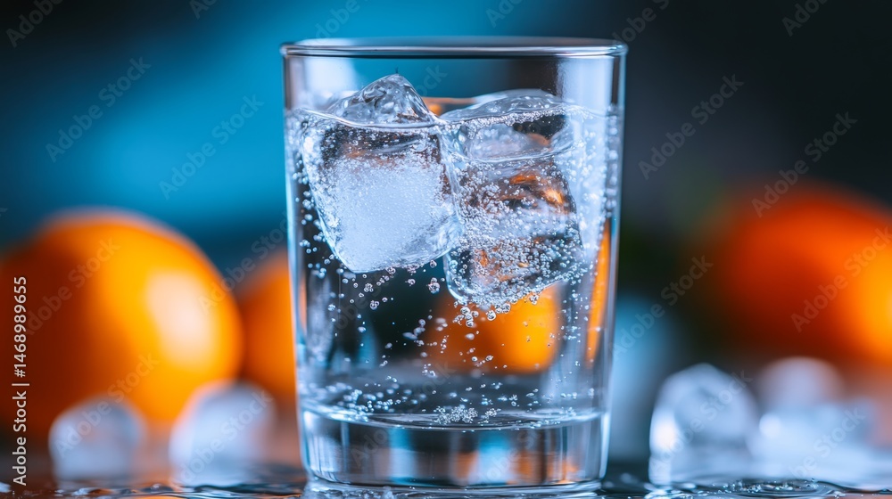 Poster glass of water with ice cubes in it is on a table with oranges. the oranges are in different positio