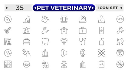 Set of line icons related to pet, care, veterinary, vet, and healthcare. Set of outline veterinarian icons. Animals veterinary icons. Pet and Vet Line Icon Set. Outline icon collection.