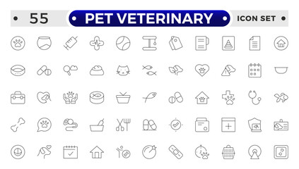 Set of line icons related to pet, care, veterinary, vet, and healthcare. Set of outline veterinarian icons. Animals veterinary icons. Pet and Vet Line Icon Set. Outline icon collection.