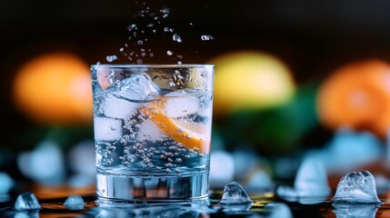 Glass of water with ice cubes and a slice of orange in it. The glass is half full and the ice cubes are melting
