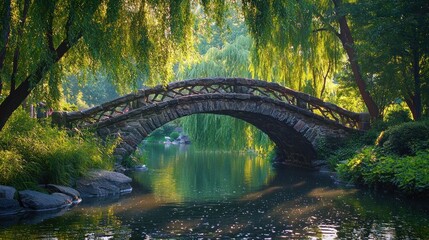 Fototapeta premium Serene Landscape featuring a Stone Arch Bridge over Calm Waters surrounded by Lush Greenery and Weeping Willows in a Tranquil Park Setting with Soft Sunlight