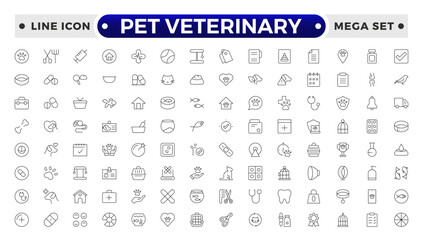 Set of line icons related to pet, care, veterinary, vet, and healthcare. Set of outline veterinarian icons. Animals veterinary icons. Pet and Vet Line Icon Set. Outline icon collection.