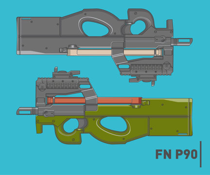 Design two versions of the fn p90 design. Belgian Modern Futuristic Submachinegun Weapon Models.