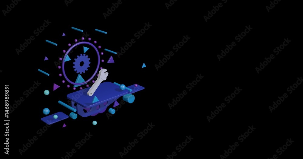 Aufkleber white adjustable wrench symbol on a pedestal of abstract geometric shapes floating in the air. abstr
