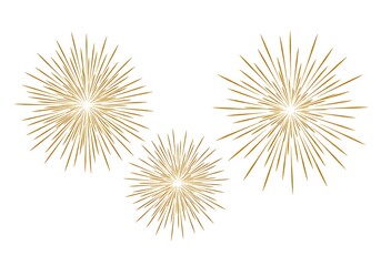 Obraz premium Three golden starburst shapes on a white background, festive and celebratory