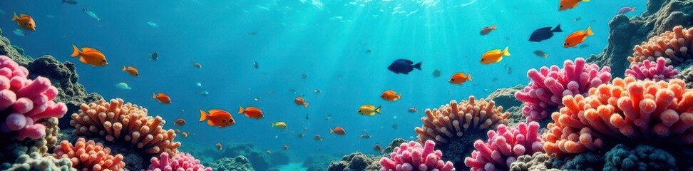 Hundreds of colorful fish swim in a vibrant coral reef , vibrant, colorful