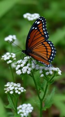 Obraz premium Viceroy butterfly resting on cluster of tiny white flowers in a green meadow with its wings open showcasing beautiful orange and black patterns