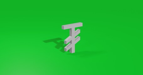 Isolated realistic white tugrik symbol front view with shadow. 3d illustration on green chroma key background