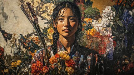 Artistic portrait of a young woman holding colorful flowers with a vibrant floral background in a painterly style emphasizing expressive brushstrokes and rich textures