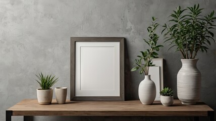Minimalist Poster Frame Mockup on Wooden Desk with Books and Potted Plants

