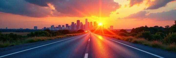 Obraz premium Clean asphalt highway leading to majestic city skyline at sunset, horizon, concrete