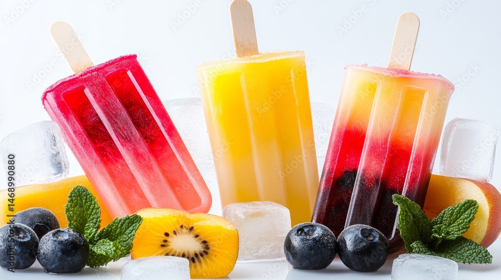 Poster three popsicles with different colors and flavors are displayed on a white background. the popsicles