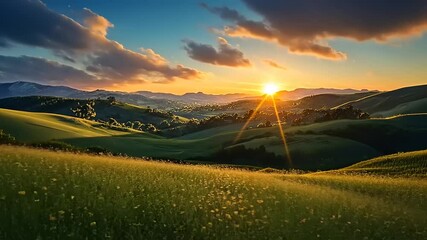 Serene sunset over tranquil green hills animated pastoral scene