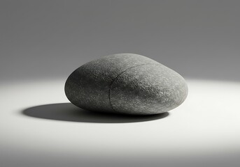 Smooth gray stone casting a shadow on a white surface, against a gray background