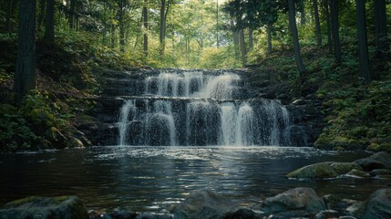 Fototapeta premium Serene waterfall cascading over rocky ledges surrounded by lush green forest creating a peaceful natural landscape and reflecting light on the water's surface in a tranquil setting
