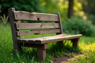 Fototapeta premium Rustic wooden bench outdoors, weathered and worn, sits in a garden setting , wood texture, plants, simple bench