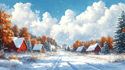 Snowy village path under a clear sky