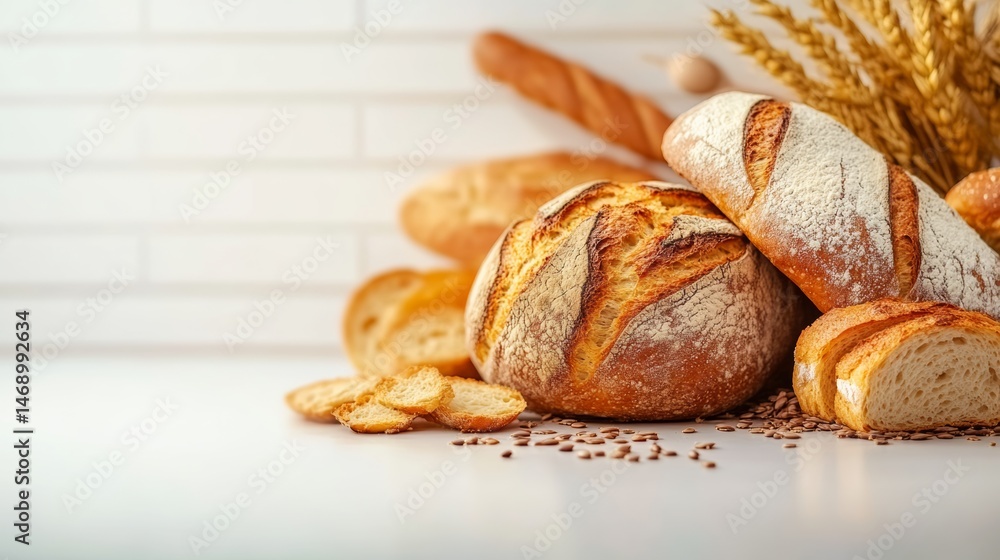 Poster variety of breads and pastries are displayed on a white counter. the breads are of different shapes 