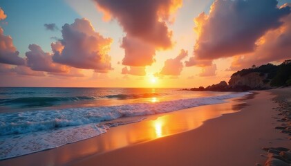 Fototapeta premium Serene sunset over a tranquil beach, golden light reflecting on the sand and calm ocean waves , texture, ocean view, picturesque