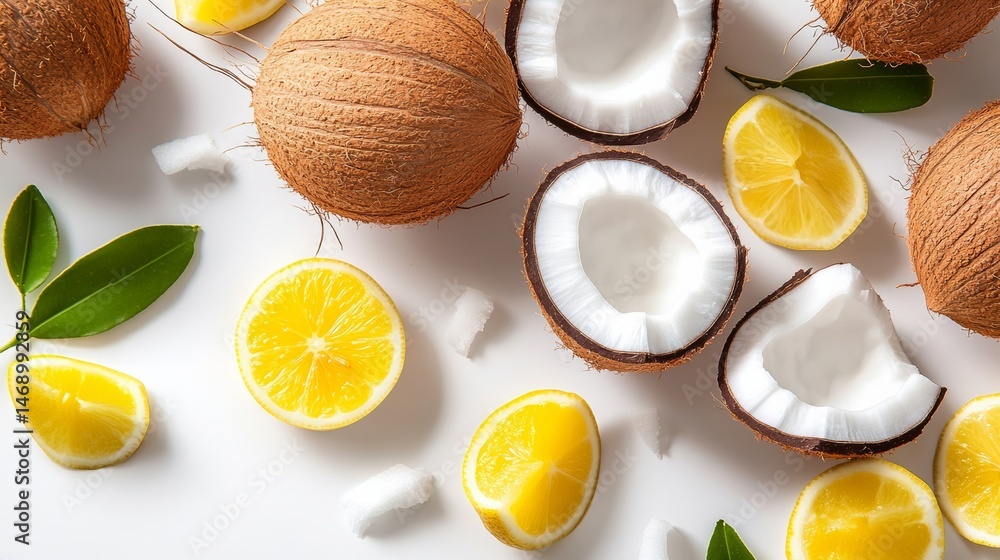 Poster close up of a table with a variety of fruits including coconuts and lemons. the coconuts are cut ope