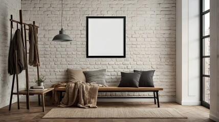 Frame Poster Mockup in Cozy Scandinavian Living Room with Brick Wall