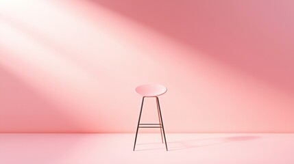 A pink stool with a round seat and thin legs stands against a pink wall.