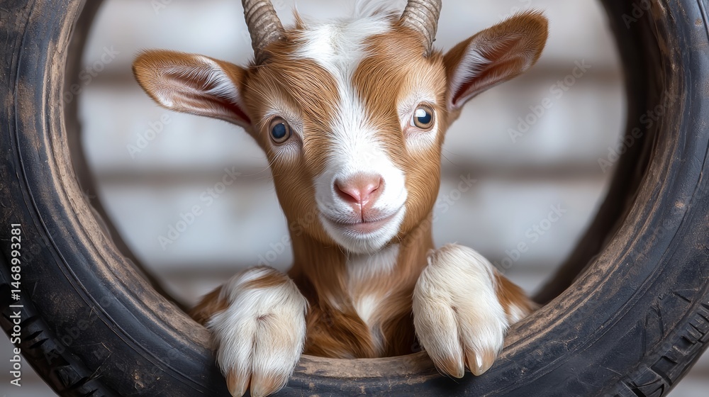 Poster baby goat is looking at the camera with its eyes wide open. the goat is standing in front of a tire,