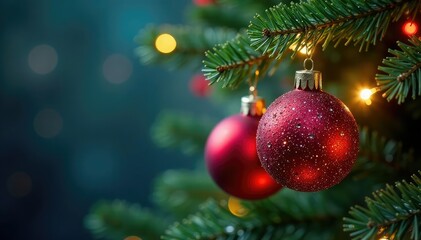 Sparkling Christmas tree ornaments hanging on a decorated tree branch , green, christmas ornament